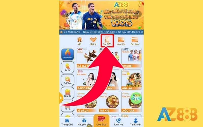 Đăng nhập tài khoản AZ888 và chọn mục tải app Đăng nhập tài khoản AZ888 và chọn mục tải app