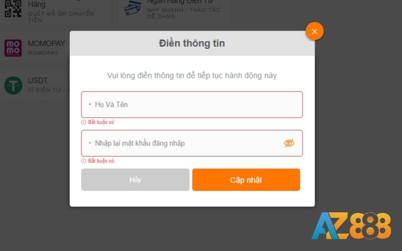 Thêm thông tin cá nhân trước khi nạp tiền